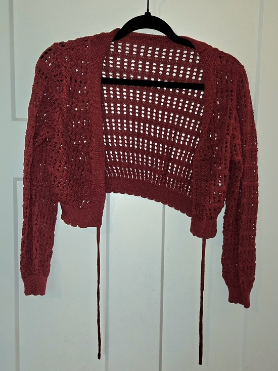 ME Makeover Essentials Sweaters - ME Makeover Essentials Open-Knit Tie-Front Cropped Cardigan - Red